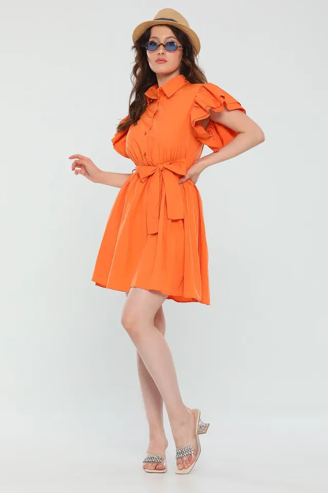 Kadın Gömlek Yaka Kol Volanlı Yazlık Mini Elbise Orange