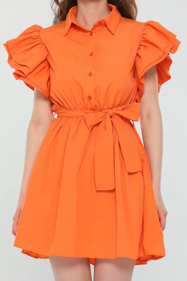 Kadın Gömlek Yaka Kol Volanlı Yazlık Mini Elbise Orange