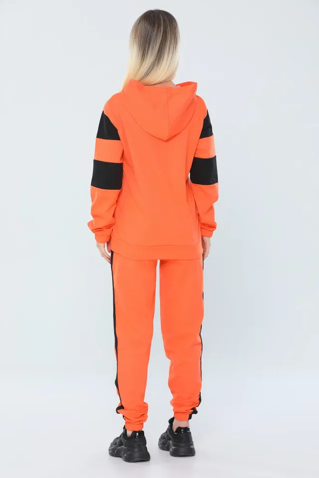Kadın Kapüşonlu Renk Bloklu Spor Eşofman Takımı Orange