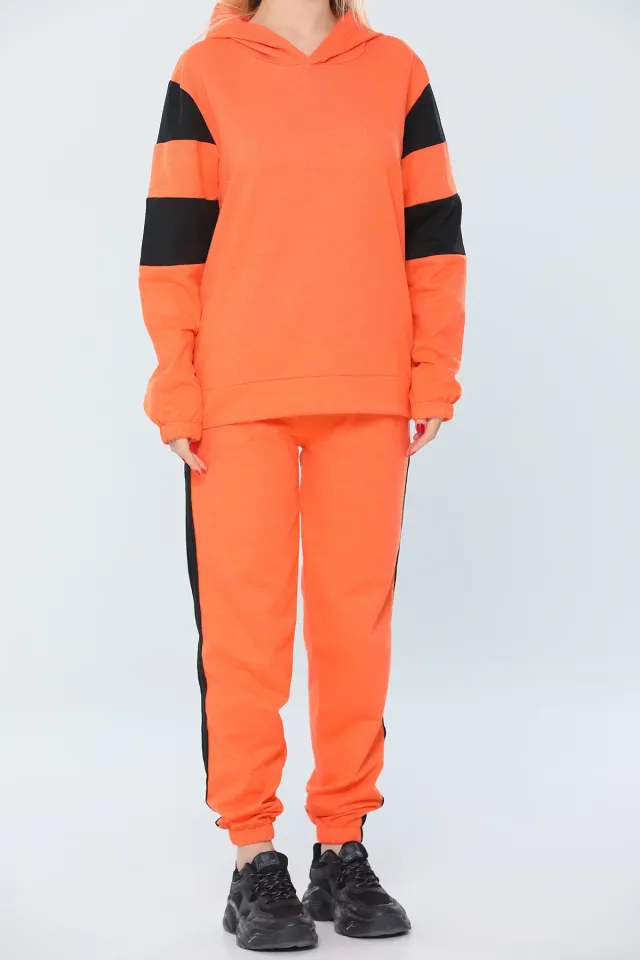 Kadın Kapüşonlu Renk Bloklu Spor Eşofman Takımı Orange