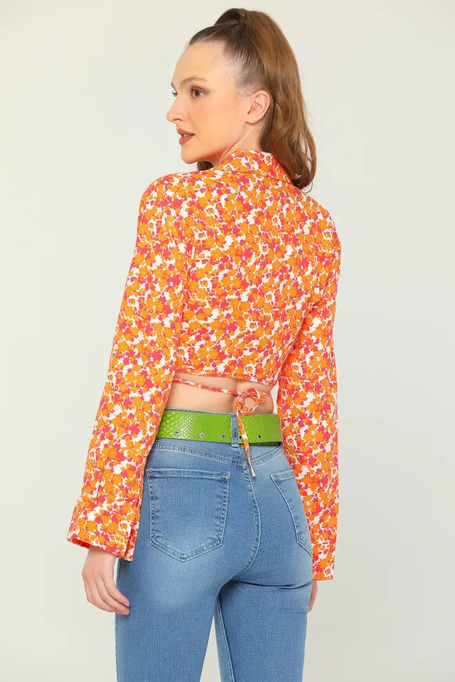 Kadın Kendinden Bağlamalı Desenli Crop Tarz Bluz Orange