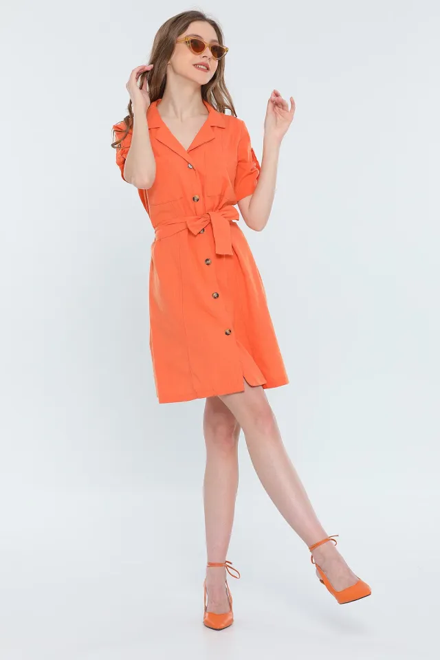 Kadın Kruvaze Yaka Kısa Kollu Salaş Mini Elbise Orange