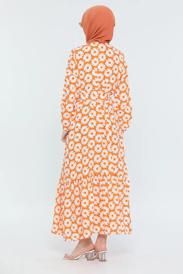 Kadın Modest Desenli Uzun Tesettür Gömlek Elbise Orange