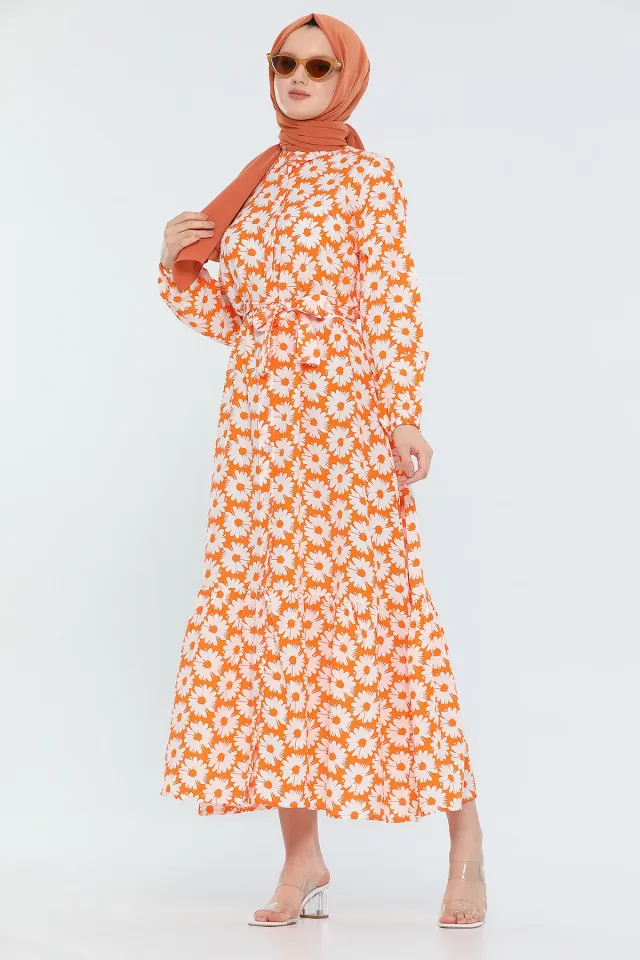 Kadın Modest Desenli Uzun Tesettür Gömlek Elbise Orange