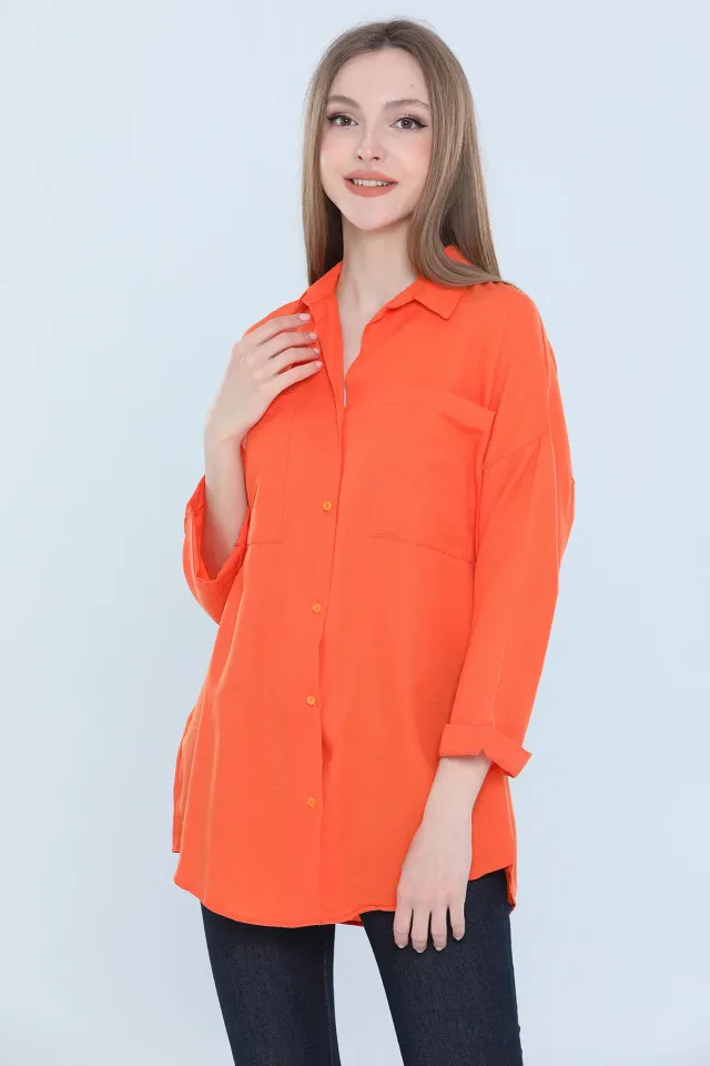Kadın Oversize Kapri Kol Çift Cepli Gömlek Orange