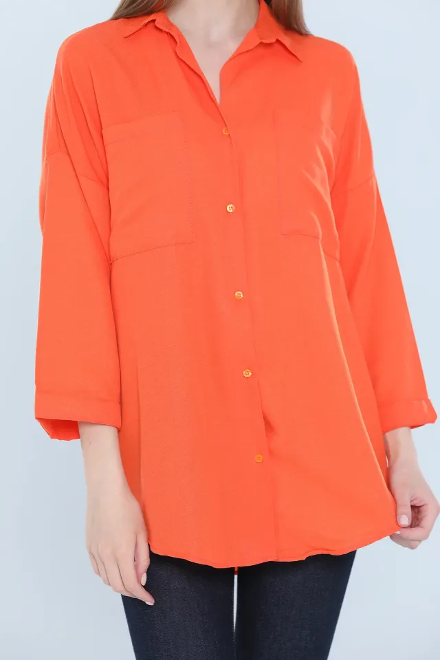 Kadın Oversize Kapri Kol Çift Cepli Gömlek Orange