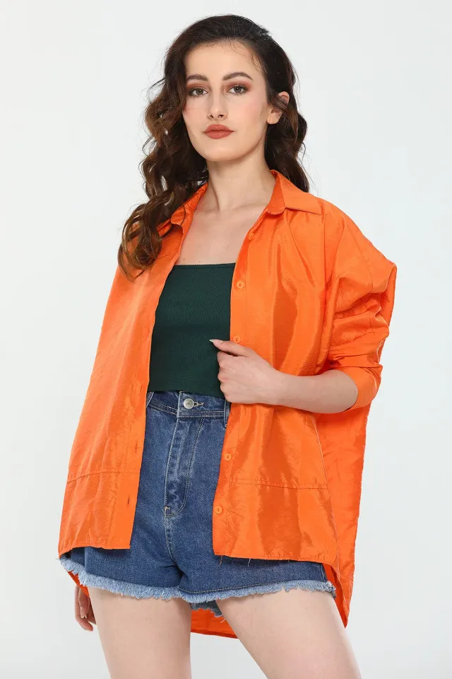 Kadın Oversize Uzun Kollu Ayrobin Gömlek Orange
