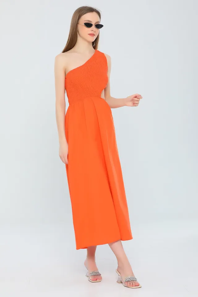Kadın Tek Omuz Bel Dekolteli Uzun Elbise Orange