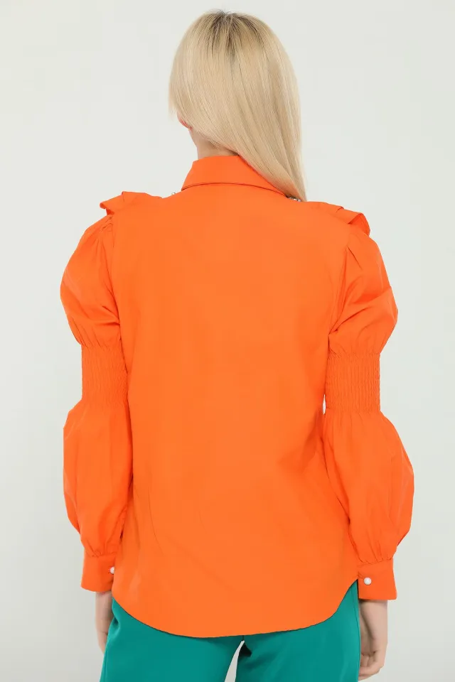 Kadın Yakası Taşlı Fırfırlı Gömlek Orange