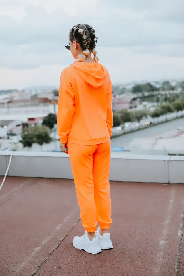 Kadın Likralı Kapüşonlu Yaka İpli Eşofman Takımı Orange