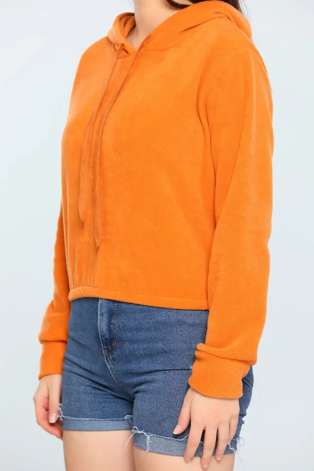 Kadın Likralı Kapüşonlu Şardonlu Crop Sweatshirt Orange