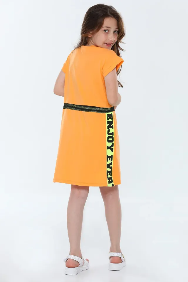 Kız Çocuk Likralı Bisiklet Yaka Fileli Bel Detaylı Elbise Orange