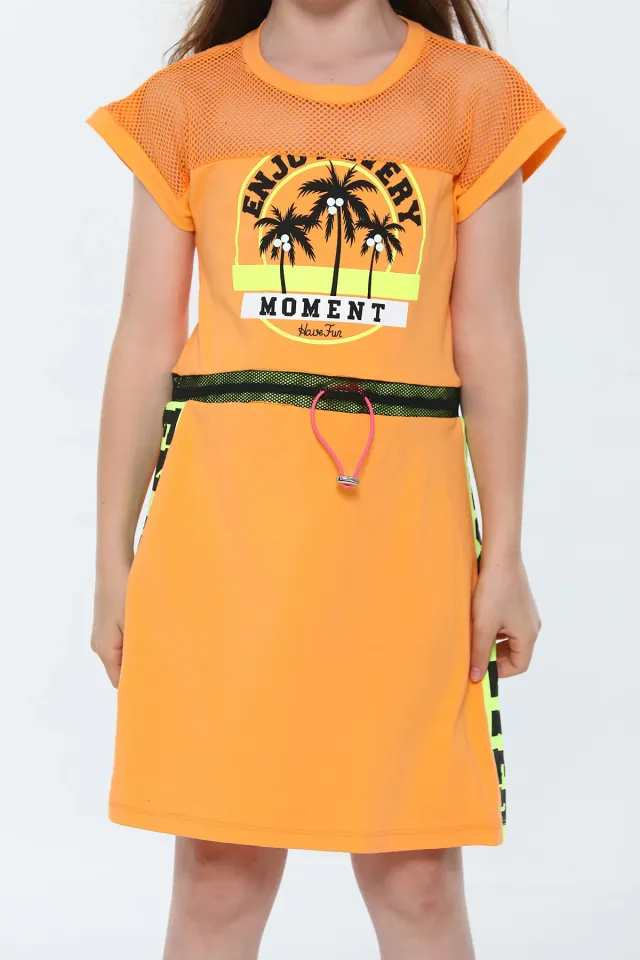 Kız Çocuk Likralı Bisiklet Yaka Fileli Bel Detaylı Elbise Orange