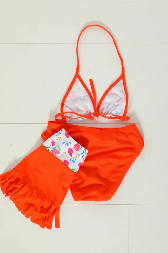 Kız Çocuk Üçgen Kesim Baskılı Etekli Bikini Takım Orange