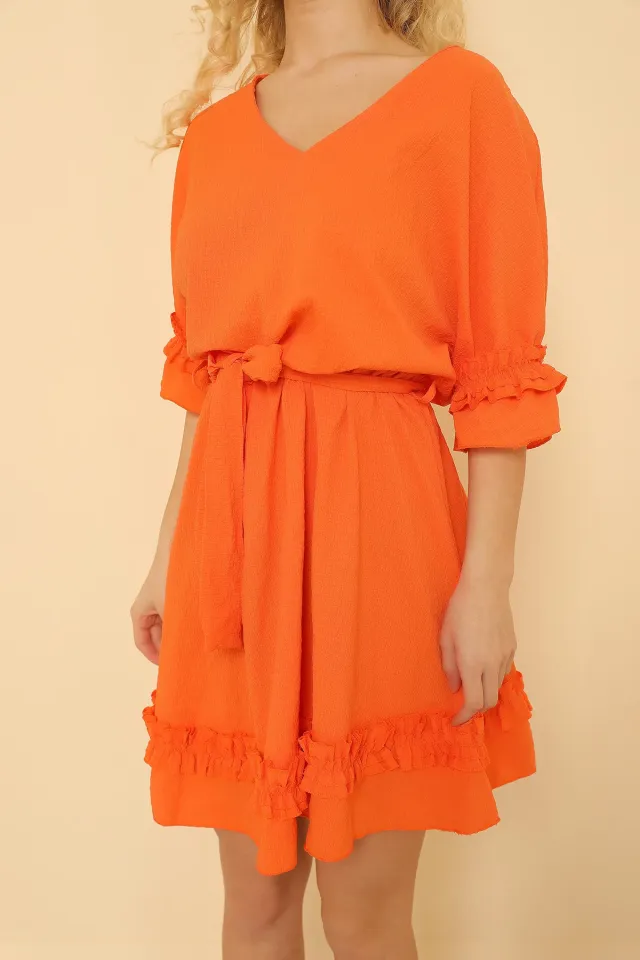 Kadın Likralı V Yaka Mini Elbise Orange