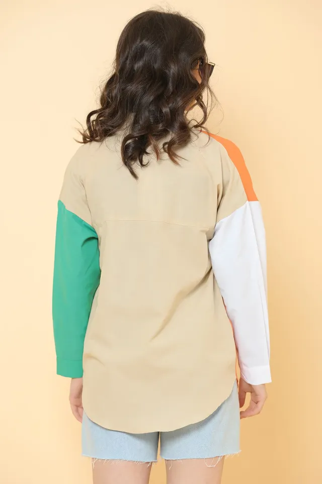 Kadın Oversize Renk Bloklu Poplin Gömlek Orangevizon