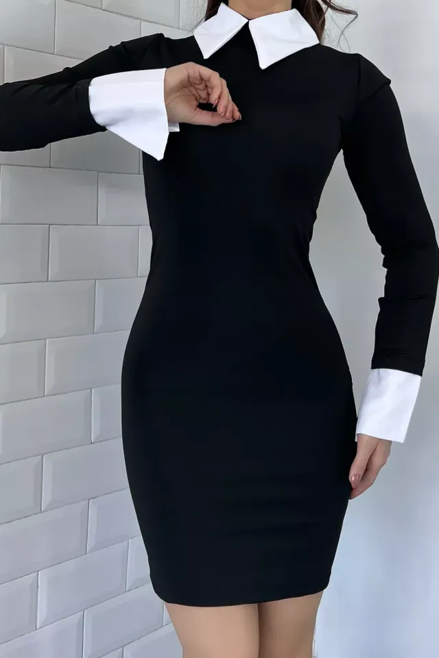 Ottoman Kumaş Gömlek Yaka Kadın Elbise Siyah