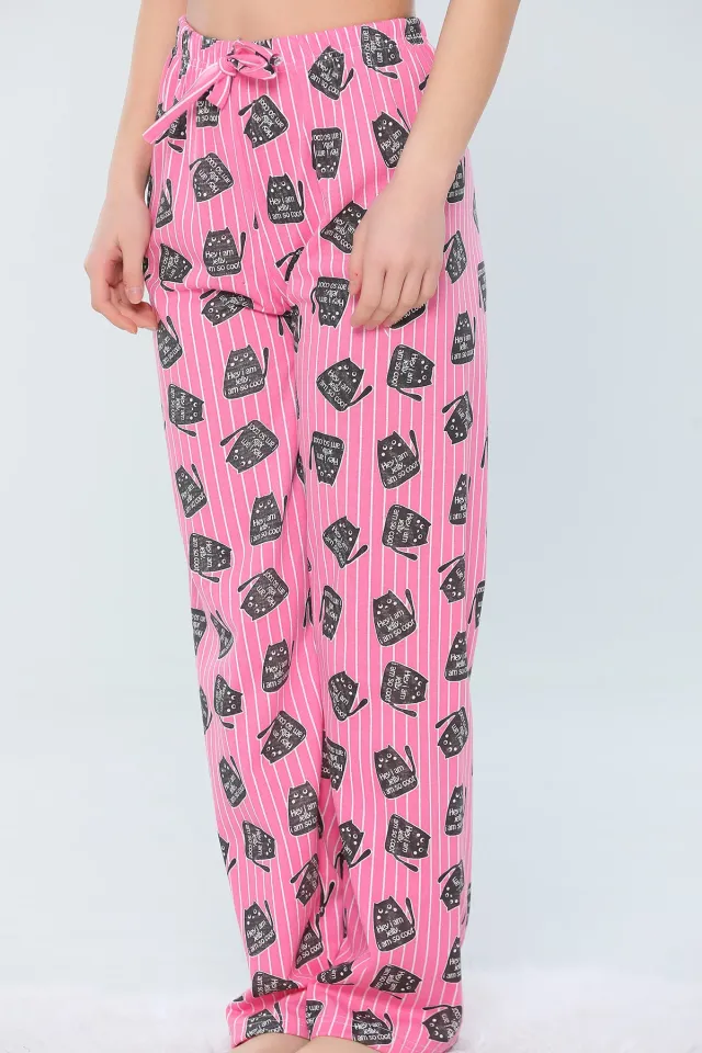Kadın Likralı Yüksek Bel Desenli Pijama Altı Pembe
