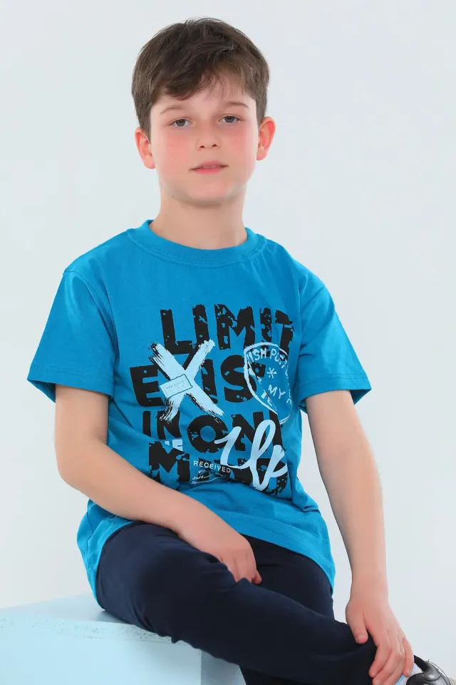 Erkek Çocuk Likralı Bisiklet Yaka Baskılı T-shirt Petrol
