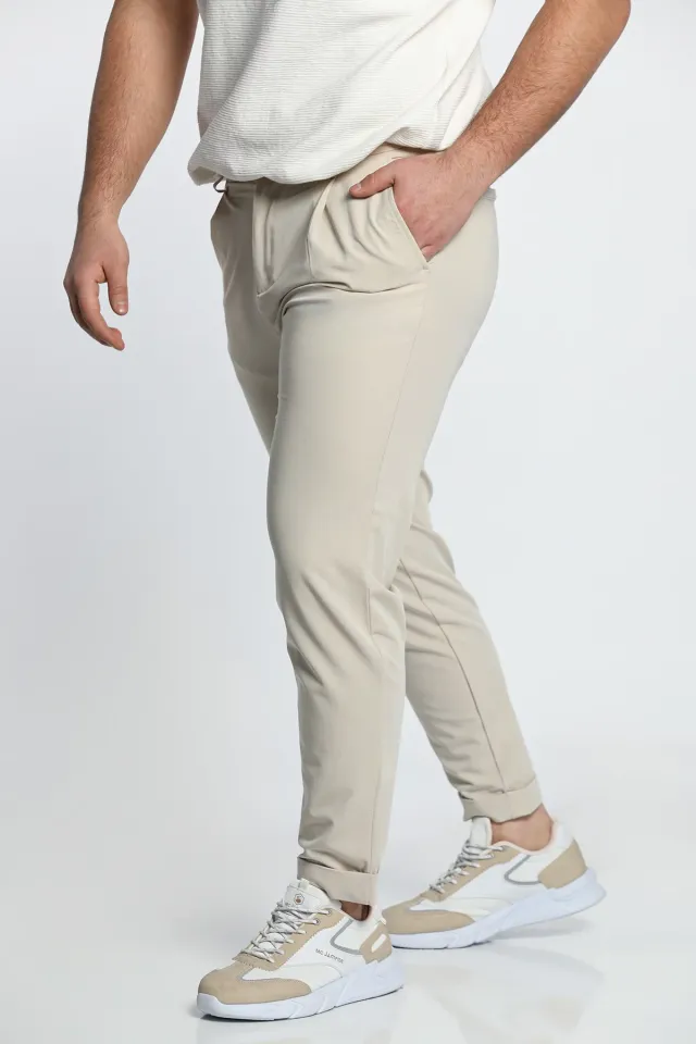 Pileli Klasik Baggy Erkek Kumaş Pantolon Krem