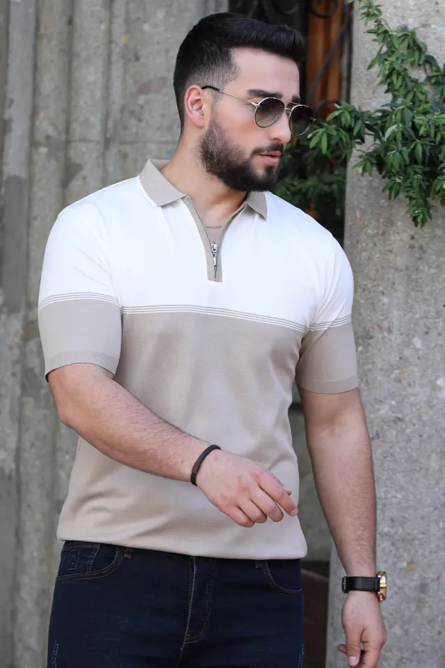 Polo Yaka Bel Ve Kol Lastik Detaylı Erkek Tişört Krem