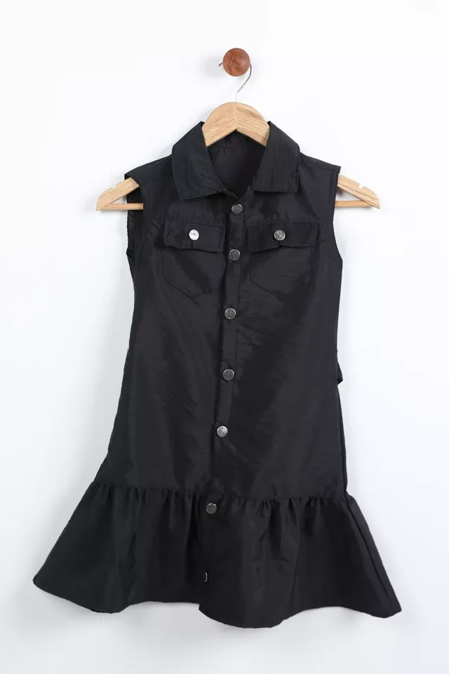 Polo Yaka Çift Cepli Etek Ucu Pileli Kuşaklı Kız Çocuk Paraşüt Kumaş Elbise Siyah