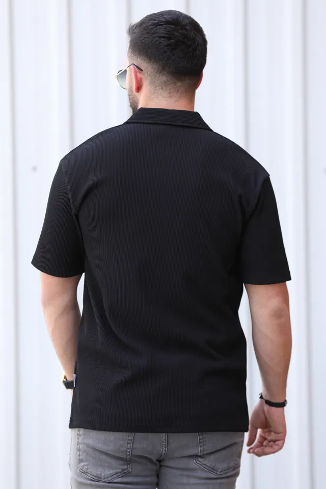 Polo Yaka Kendinden Çizgi Desenli Tişört Siyah