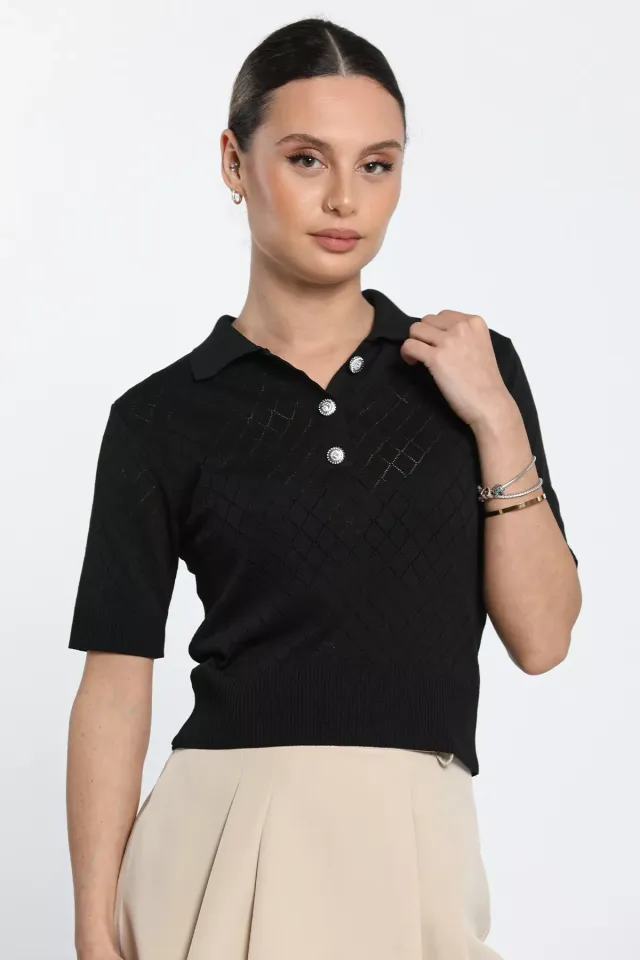 Polo Yaka Kendinden Desenli Ön Düğme Detaylı Kadın Likralı Triko Bluz Siyah