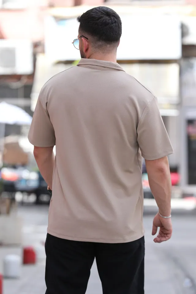Polo Yaka Likralı Basic Erkek Tişört Bej