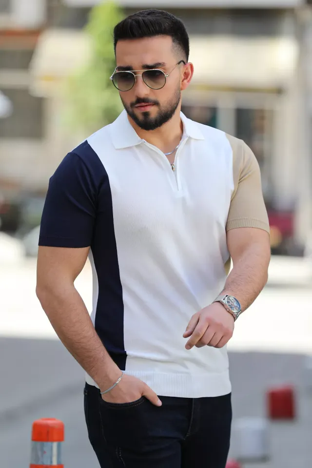 Polo Yaka Yarım Fermuarlı Renk Bloklu Erkek Likralı Tişört Beyaz