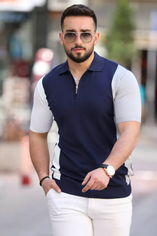 Polo Yaka Yarım Fermuarlı Renk Bloklu Erkek Likralı Tişört Lacivert