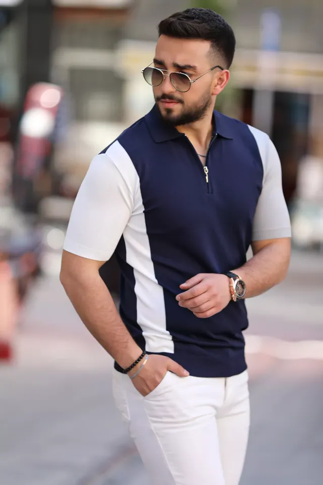 Polo Yaka Yarım Fermuarlı Renk Bloklu Erkek Likralı Tişört Lacivert