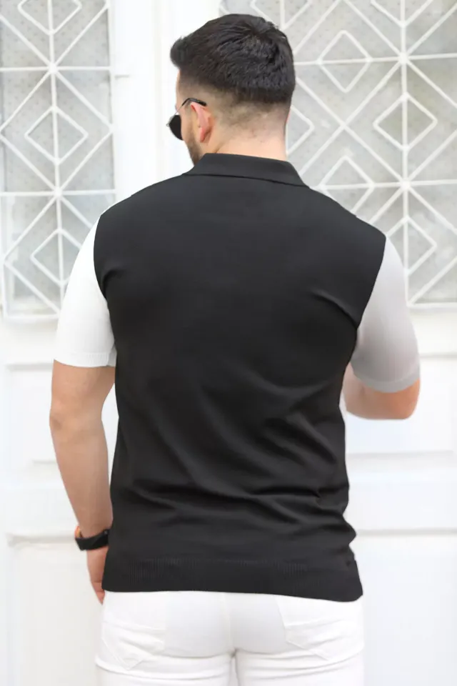 Polo Yaka Yarım Fermuarlı Renk Bloklu Erkek Likralı Tişört Siyah