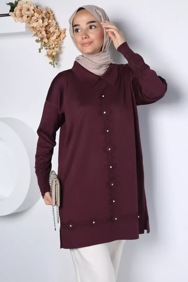Polo Yaka İnci Detaylı Tesettür Triko Tunik Mürdüm