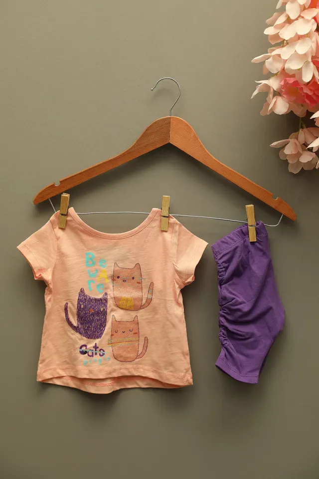 Kız Bebek Bisiklet Yaka Baskılı T-shirt Tayt İkili Takım Pudra