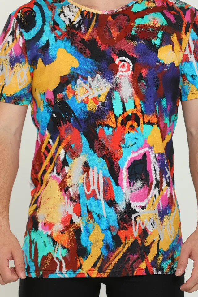 Erkek Ful Likralı Bisiklet Yaka Baskılı T-shirt Renkli