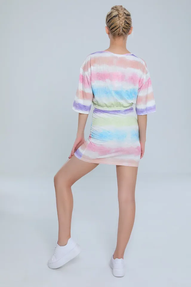 Kadın Likralı Kısa Kollu Batık Desen Crop Etek Bluz İkili Takım Renkli