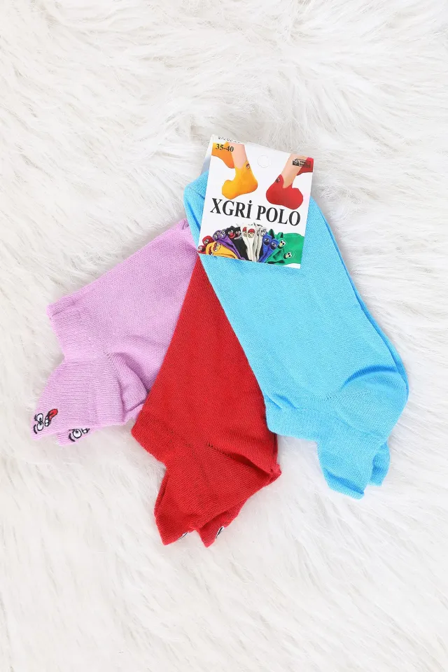 Xgri Polo Kadın Bilek Nakışlı 3lü Patik Çorap(36-40 Uyumludur) Renkli