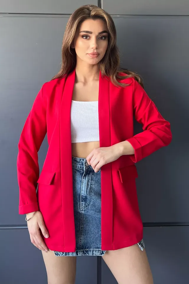 Sahte Cep Detaylı Duble Kol Kadın Ceket Kırmızı