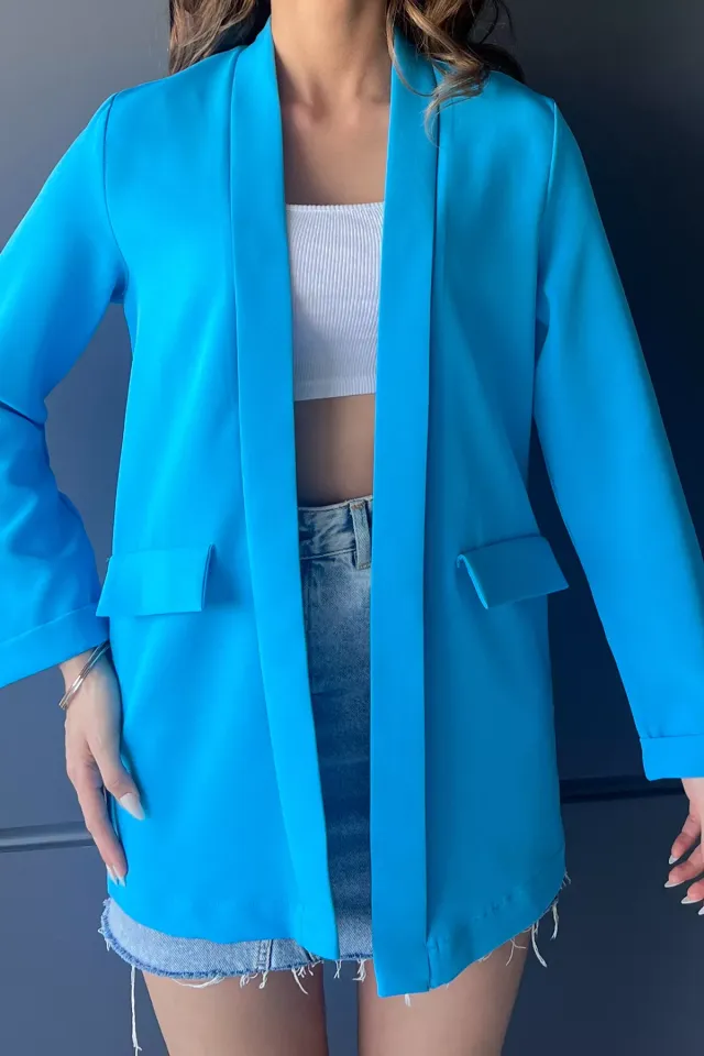 Sahte Cep Detaylı Duble Kol Kadın Ceket Mavi