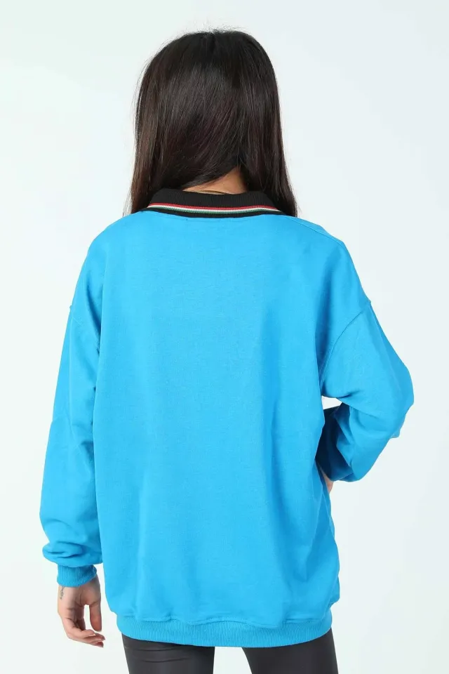 Kadın Gömlek Yaka Baskılı Oversize Sweatshirt Saksmavisi