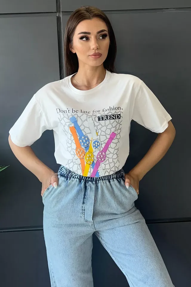 Salaş Yazı Ve Resim Basklı Kadın Tişört Krem