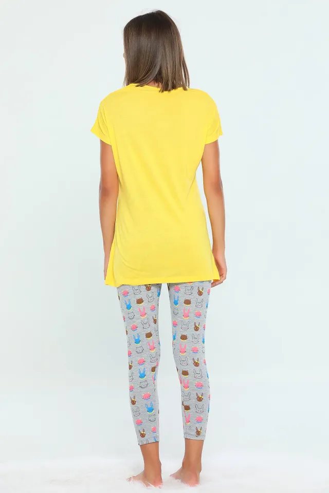 Kadın Likralı Kısa Kollu Baskılı Pijama Takımı Sarı