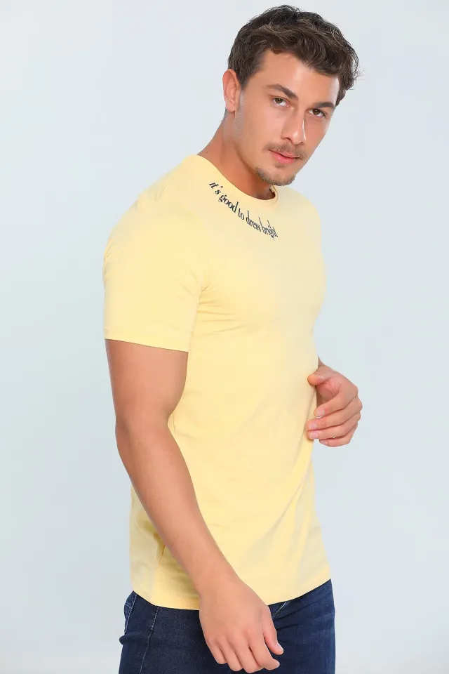 Erkek Likralı Bisiklet Yaka Slim Fit T-shirt Sarı