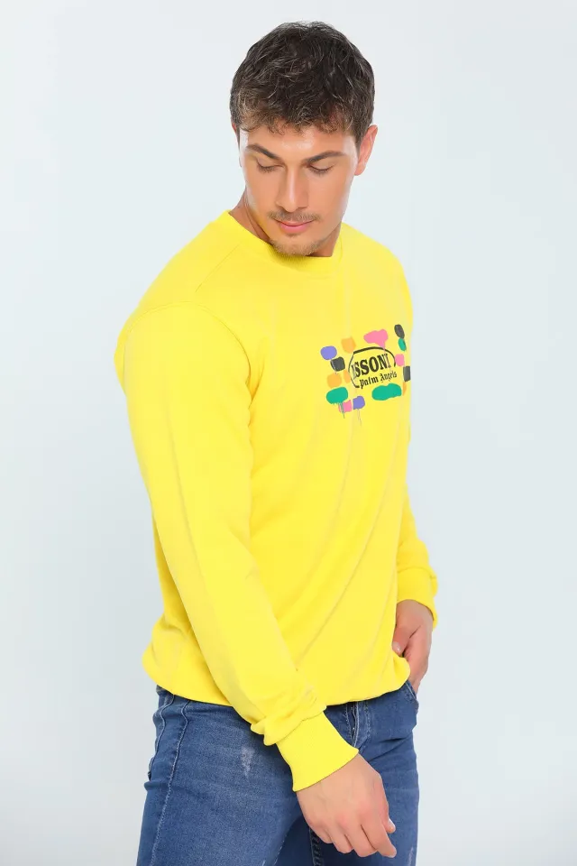 Erkek Oversize Bisiklet Yaka Yazı Baskılı Sweatshirt Sarı