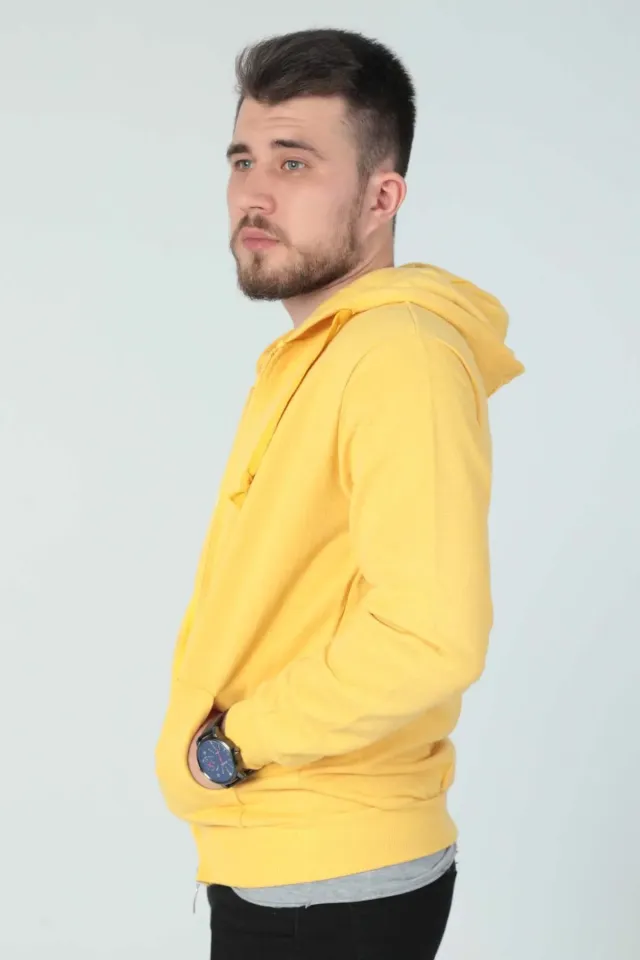 Erkek Fermuarlı Kapüşonlu Sweatshirt Sarı