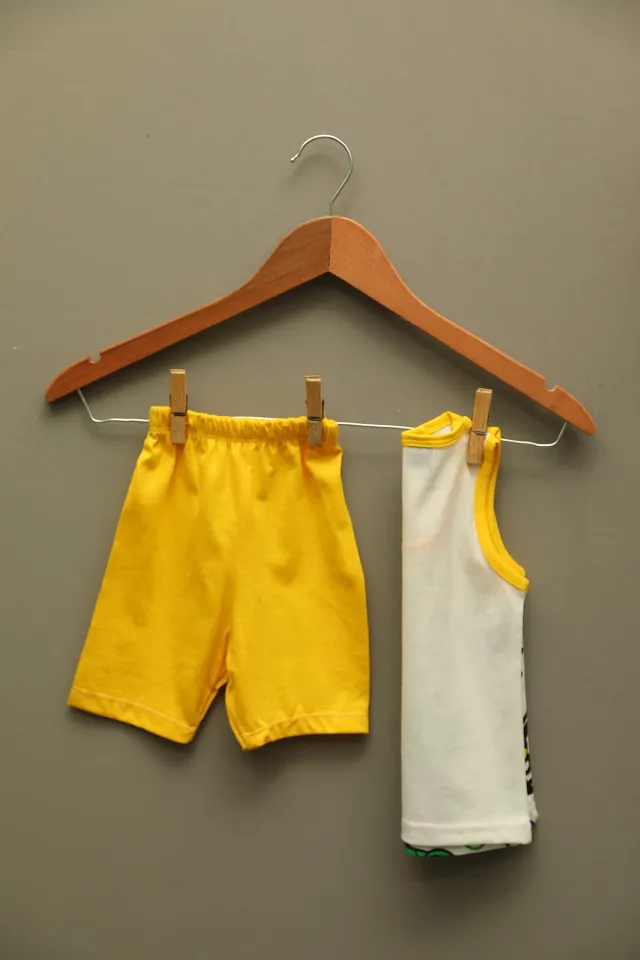 Erkek Bebek Bisiklet Yaka Baskılı Sıfır Kol T-shirt Şort İkili Takım Sarı