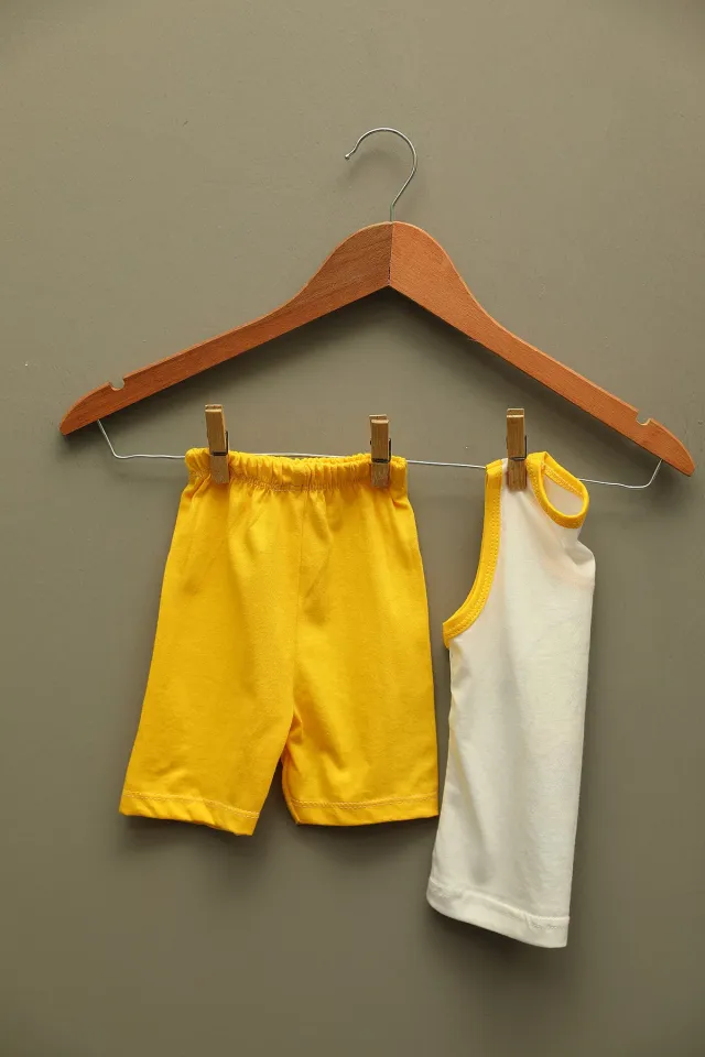 Erkek Bebek Bisiklet Yaka Baskılı Sıfır Kol T-shirt Şort İkili Takım Sarı