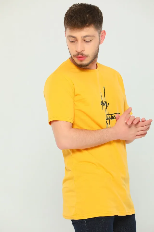Erkek Likralı Bisiklet Yaka Baskılı Slim Fit T-shirt Sarı