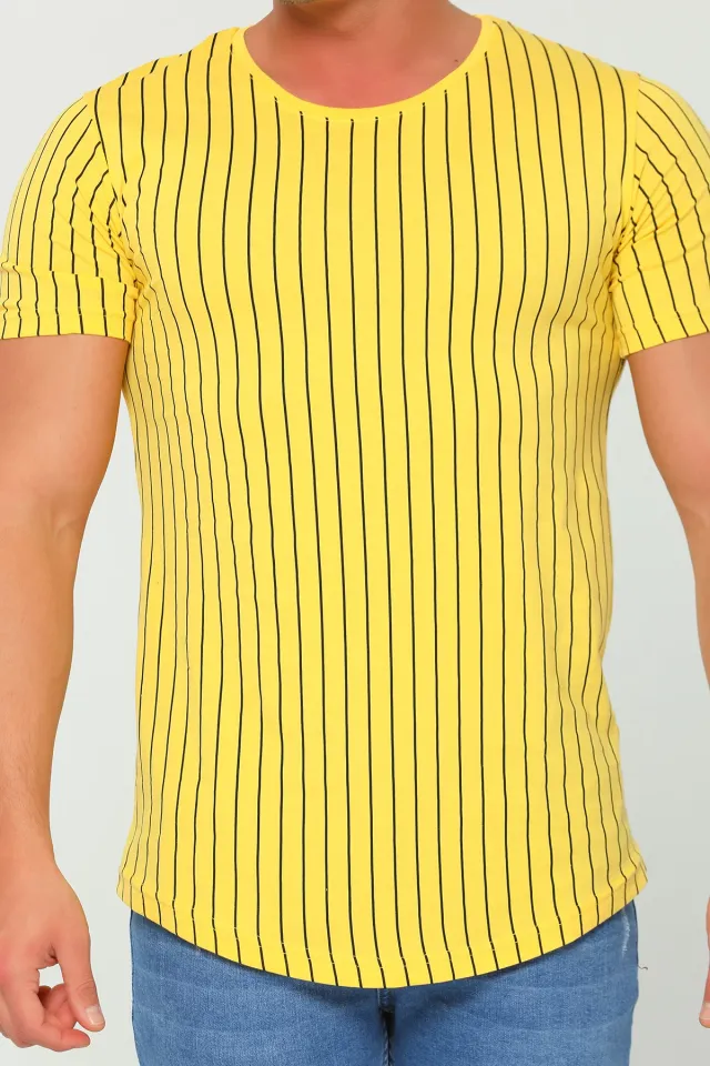 Erkek Likralı Bisiklet Yaka Dik Çizgili T-shirt Sarı